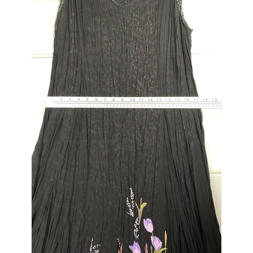 Lola P Floral Maxi Dress L Black Lined Layered Crinkled Sleeveless Whimsygoth - Picture 8 of 10